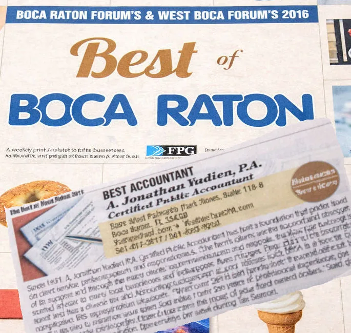 Sun Sentinel clipping naming Avery Yudien Best Accountant in the 2016 Best of Boca Raton awards